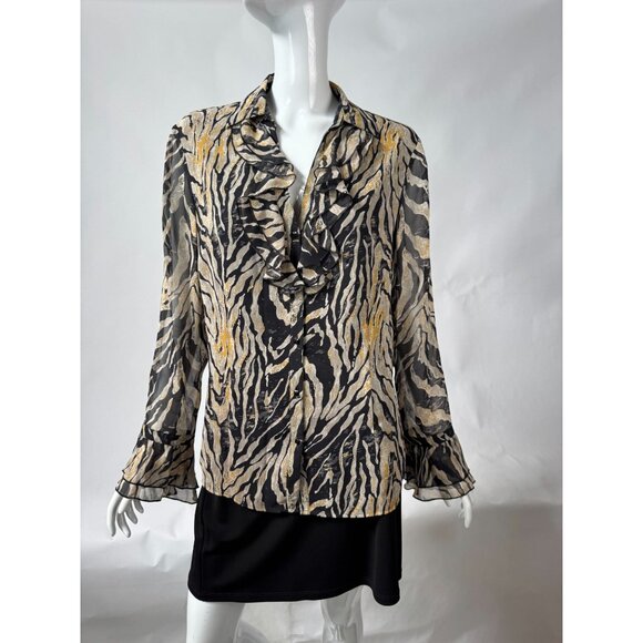 Coldwater Creek M Zebra Silk Print Ruffled Blouse Lined - Picture 10 of 16